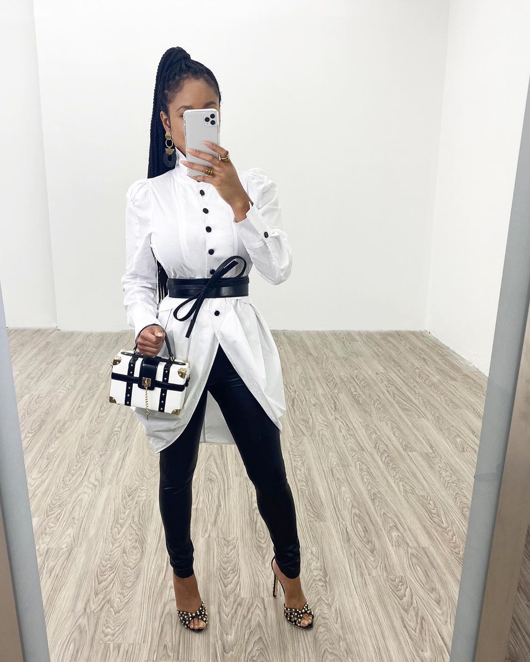Her white shirt dress