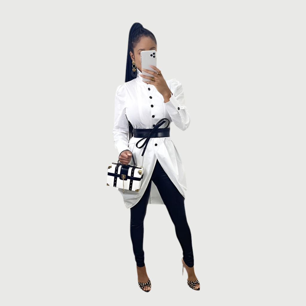 Her white shirt dress