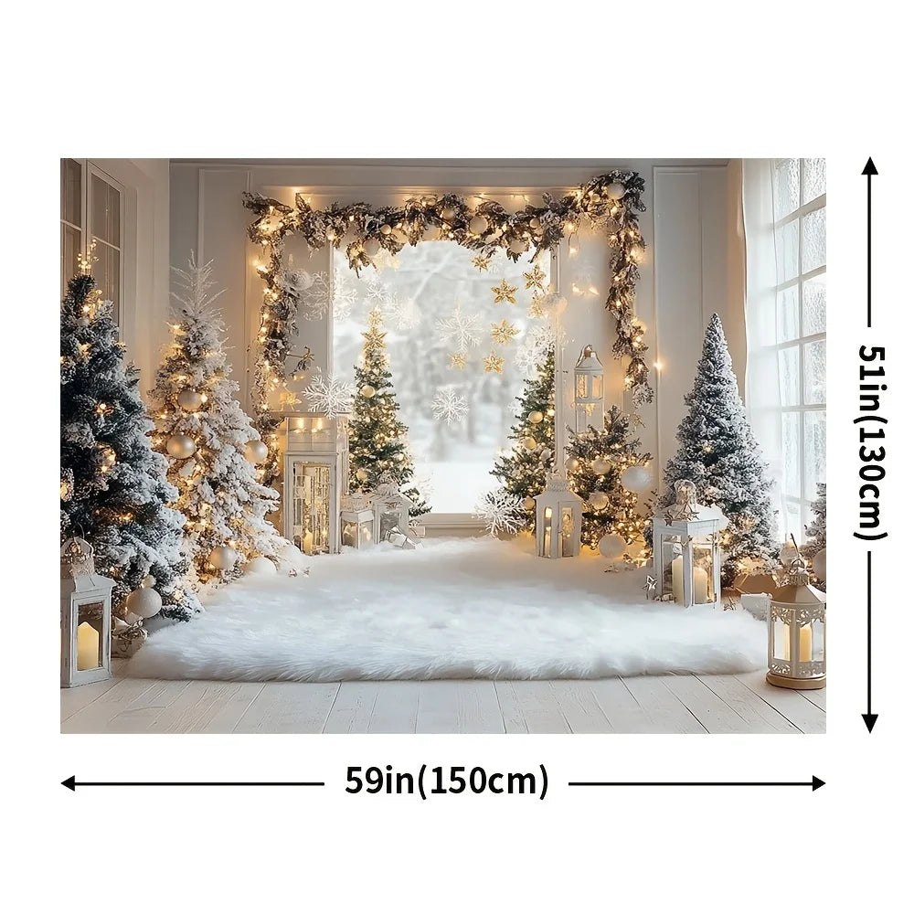 1 piece, winter Christmas background cloth with snow trees, white branches and leaves, and flashing light strings