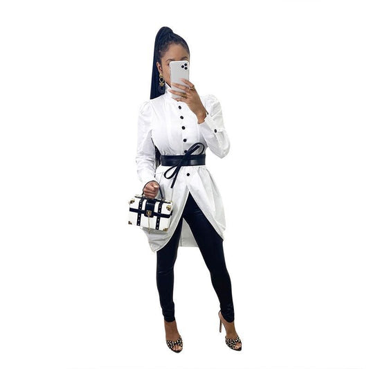 Her white shirt dress