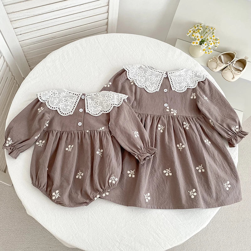 0-6Yrs New Sisters Clothes Girl Party Dress Cotton Flower Kids Princess Embroidery Dresses Baby Girl Romper Children Clothes