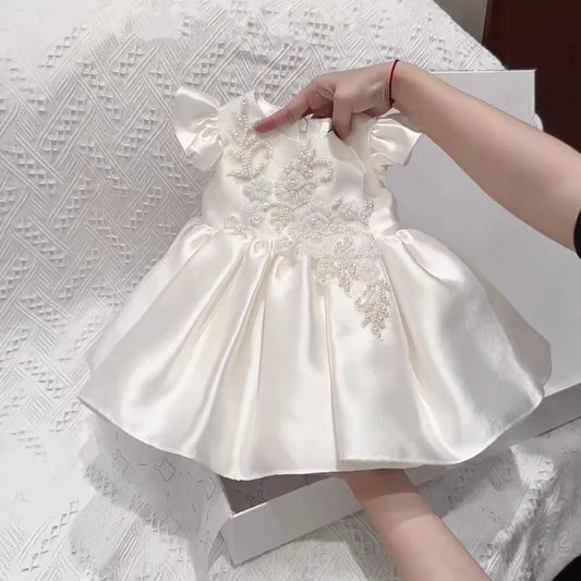 Girls' New Fashion Satin Flutter Sleeve Princess Dress for Little Hosts and Flower Girls