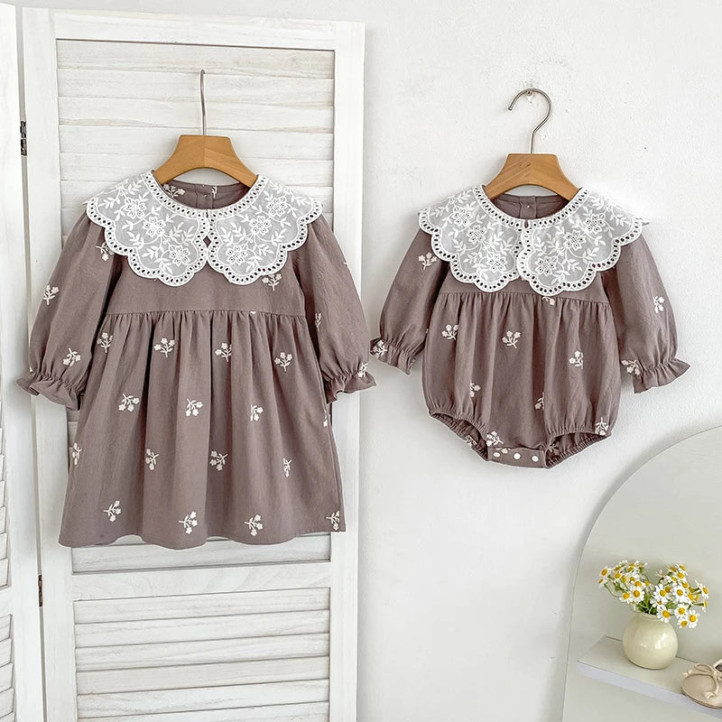 0-6Yrs New Sisters Clothes Girl Party Dress Cotton Flower Kids Princess Embroidery Dresses Baby Girl Romper Children Clothes