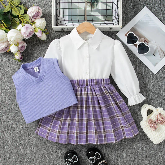 4-7 Years Kid Girl 3PCS Clothing Set Long Sleeved White Blouse Purple Knitted Vest+Plaid Skirt Child Fashion Preppy Style Outfit