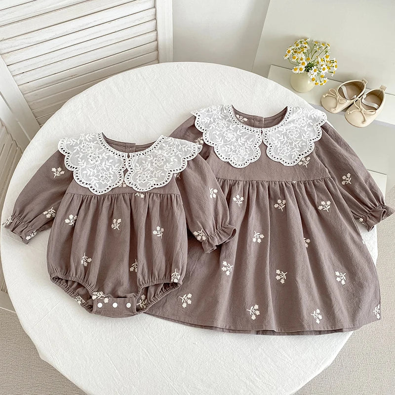 0-6Yrs New Sisters Clothes Girl Party Dress Cotton Flower Kids Princess Embroidery Dresses Baby Girl Romper Children Clothes