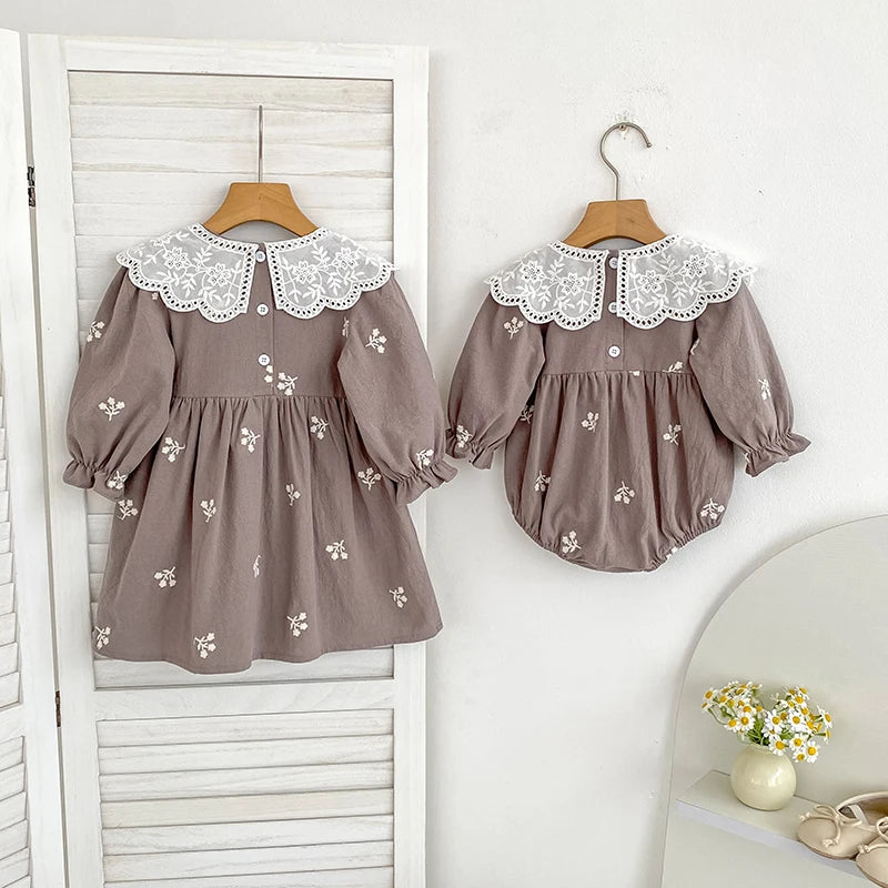 0-6Yrs New Sisters Clothes Girl Party Dress Cotton Flower Kids Princess Embroidery Dresses Baby Girl Romper Children Clothes