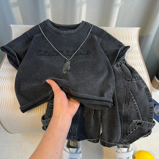 Korean Boys Summer Children's Top and Bottom 2PC Sets Short Sleeve T-Shirt & Denim Shorts Kids Clothes 1-7 Years Black Toddler
